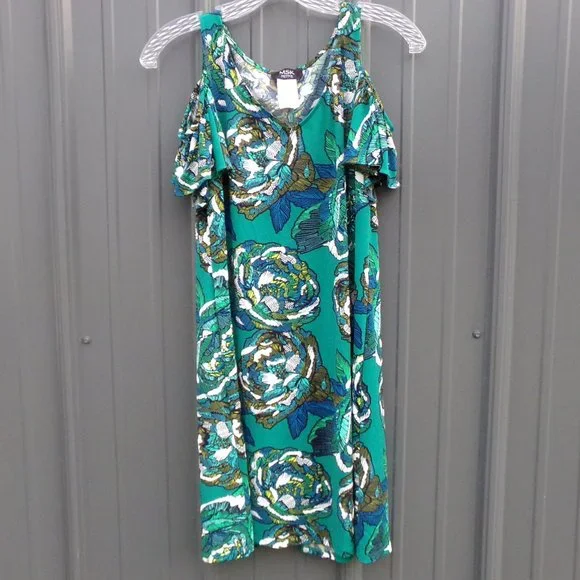 MSK Petite Green Floral Cold Ruffed Short Sleeve Shoulder Dress- Size PS MSK Petite Green Floral Cold Ruffed Short Sleeve Shoulder Dress- Size PS